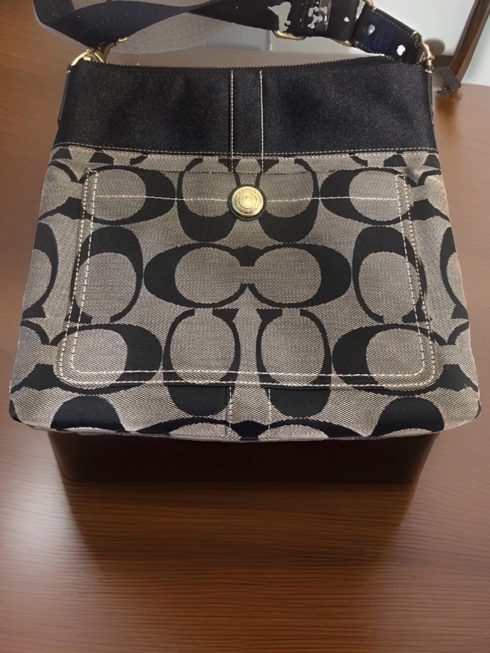 Coach Black and Beige Signature Canvas Crossbody Shoulder Bag